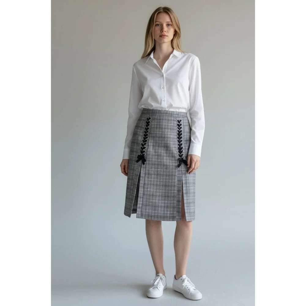 Venus‎ Plaid Lace Up Front Slit Pencil Skirt Gray Burgundy Glen Check Size 8